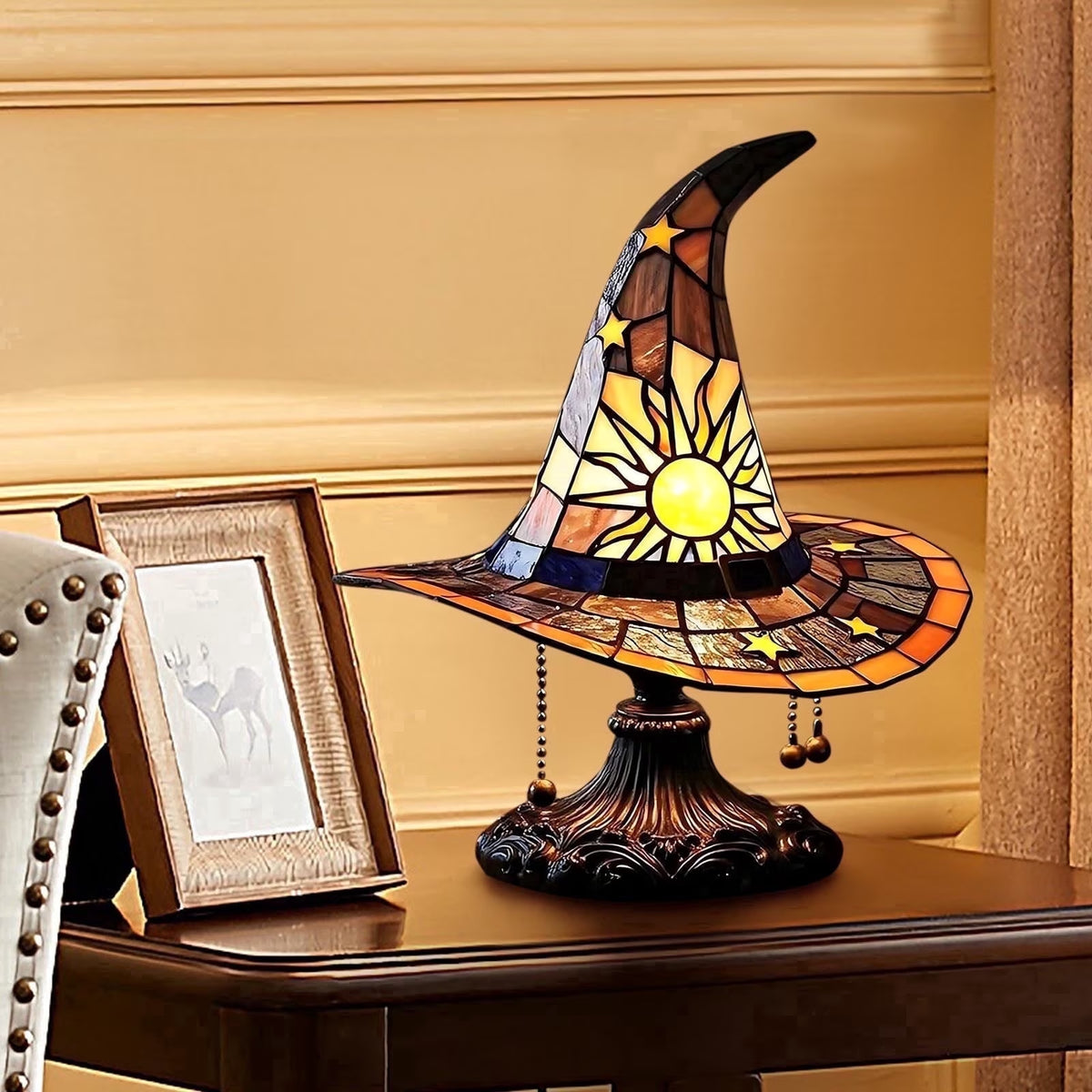 Halloween Witch Hat Table Lamp, Stained Glass Style Jack O Lantern Night Light Ghost Decor Skull Nightlight for Indoor Home Office Table Mantel Shelf Party Supply