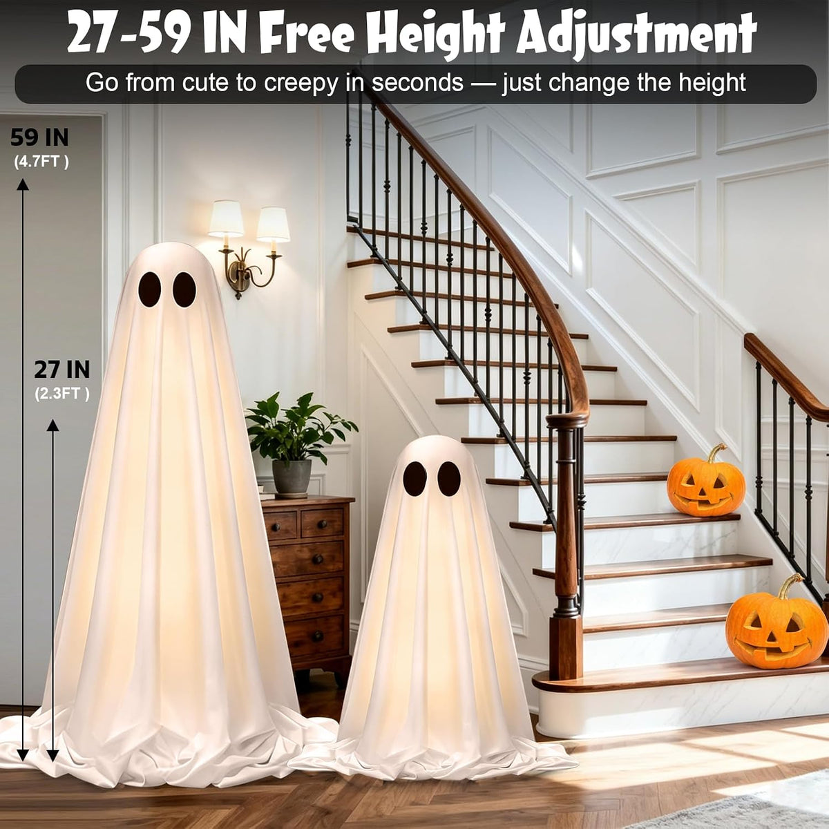 Halloween Decorations Outdoor Indoor, 2 Pack Light up Cute Ghost Decoration, Spooky DIY Standing Decor Set with Small Accessories for Front Yards, Gardens, Porch, Lawn and Party