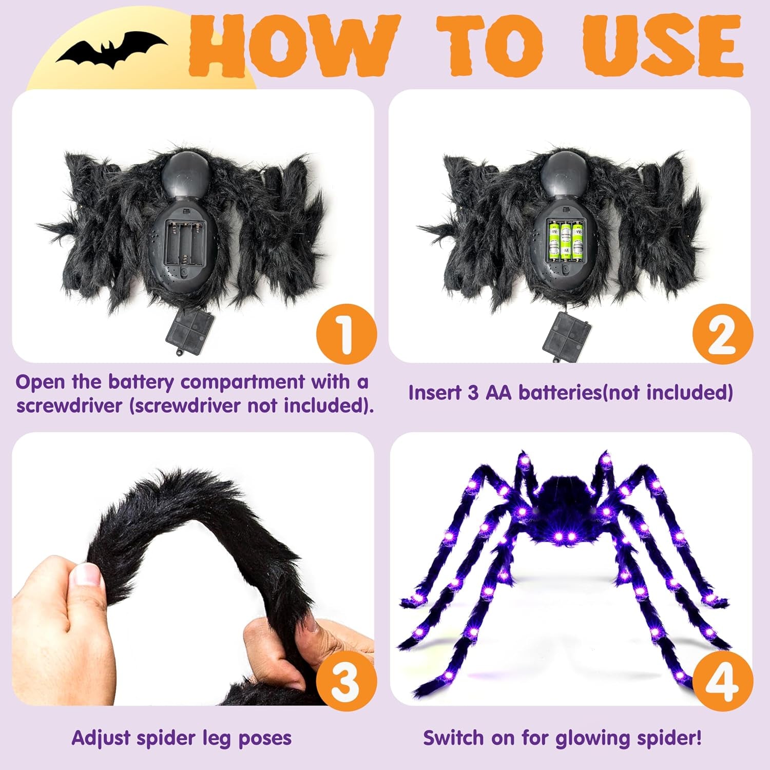 2 Pack 5 Ft Halloween Light up Spiders Outdoor Decorations, Scary Giant Spider with Purple LED, Fake Large Haunted House Props, for Halloween Lawn Porch Yard Garden Tree outside Indoor Decor