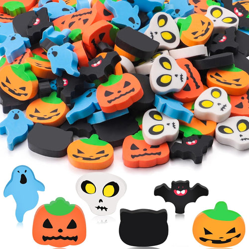 100Pcs Halloween Erasers Pumpkin Bat Ghost Skull Cat Pencil Erasers Bulk for Classroom Gift Rewards Student Prizes Halloweens Party Favor (Halloween)