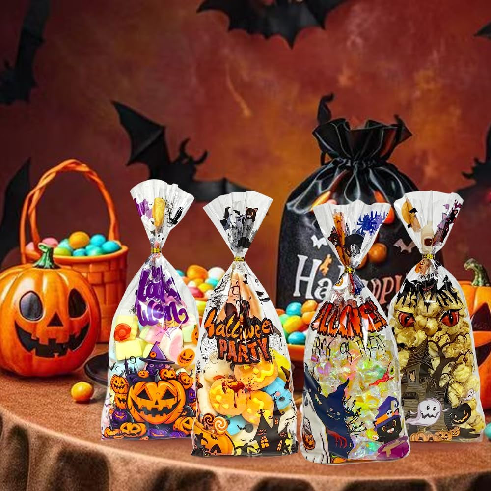 Halloween Cellophane Treat Bags, 60PCS Plastic Clear Halloween Candy Cookies Goodie Gift Bags with Ties for Halloweens Trick or Treat Party Favors Supplies, 4 Style