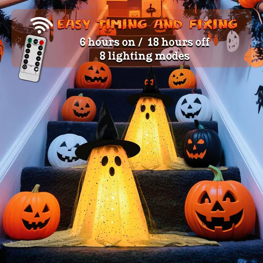 2-Piece 23.6 In. Halloween Spooky Ghost with String Lights and Remote Control, Battery Operated Halloween Table Decor