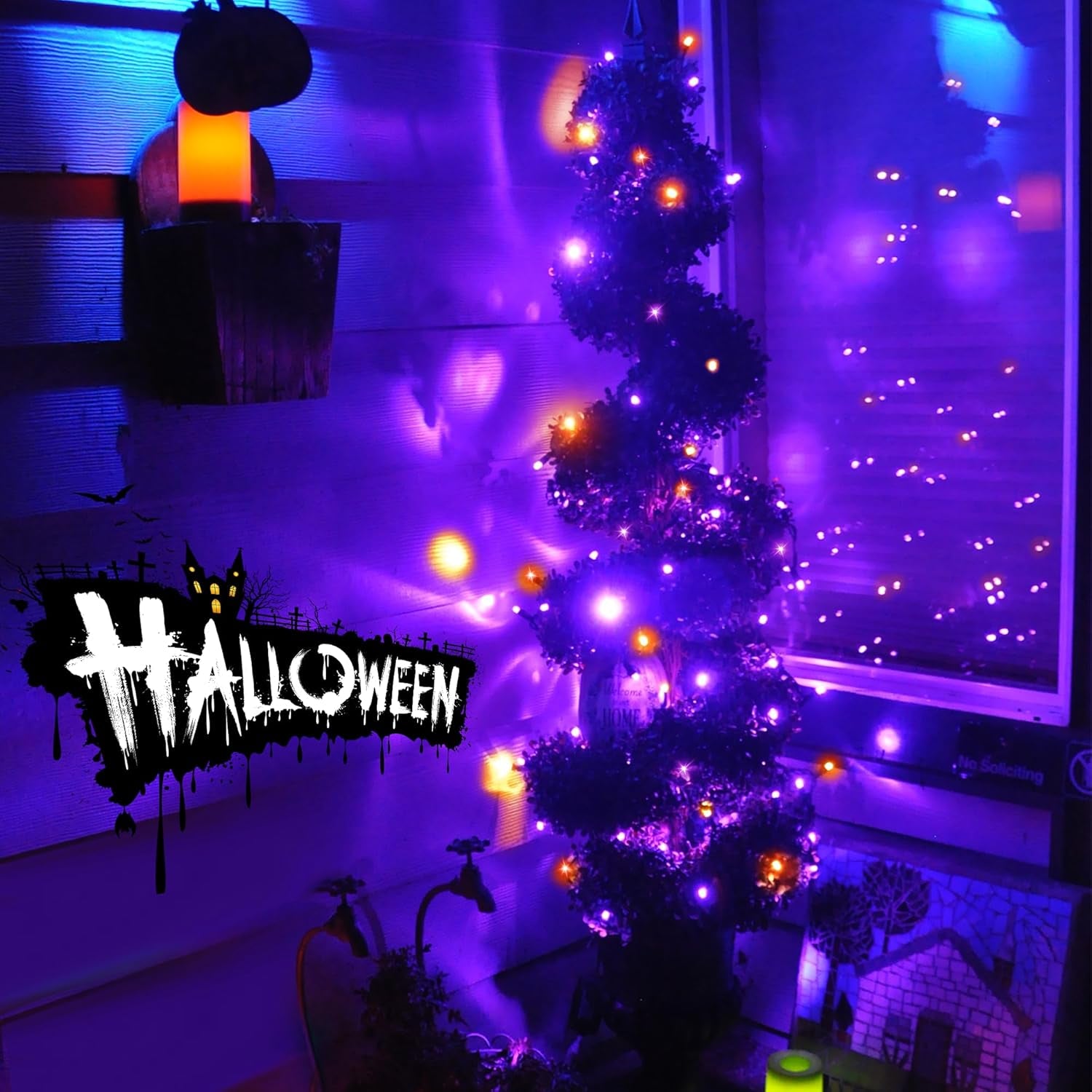 Solar Halloween Lights,39Ft 100LED Orange & Purple String Lights,Halloween Solar Lights Outdoor with 8 Modes Waterproof for Bedroom Patio Garden Party Yard Decoration
