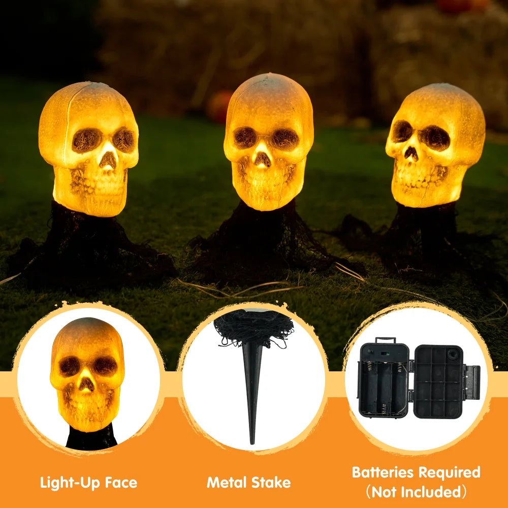 Joyfy 3 Pack Halloween Light up Skeleton Decorations Outdoor,Halloween Graveyard Spooky Skull Stakes Pathway Lights for Halloween Props Yard Decor