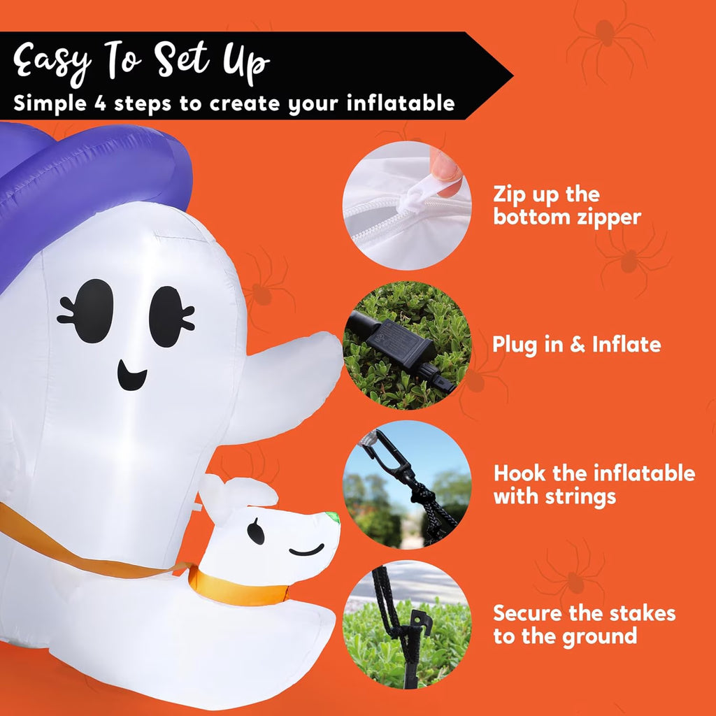 Joyfy 6 Ft Halloween Inflatable Ghost Walking Dog,Cute White Blow up Decor with LED Lights,Outdoor Yard Decoration for Garden,Lawn,Party
