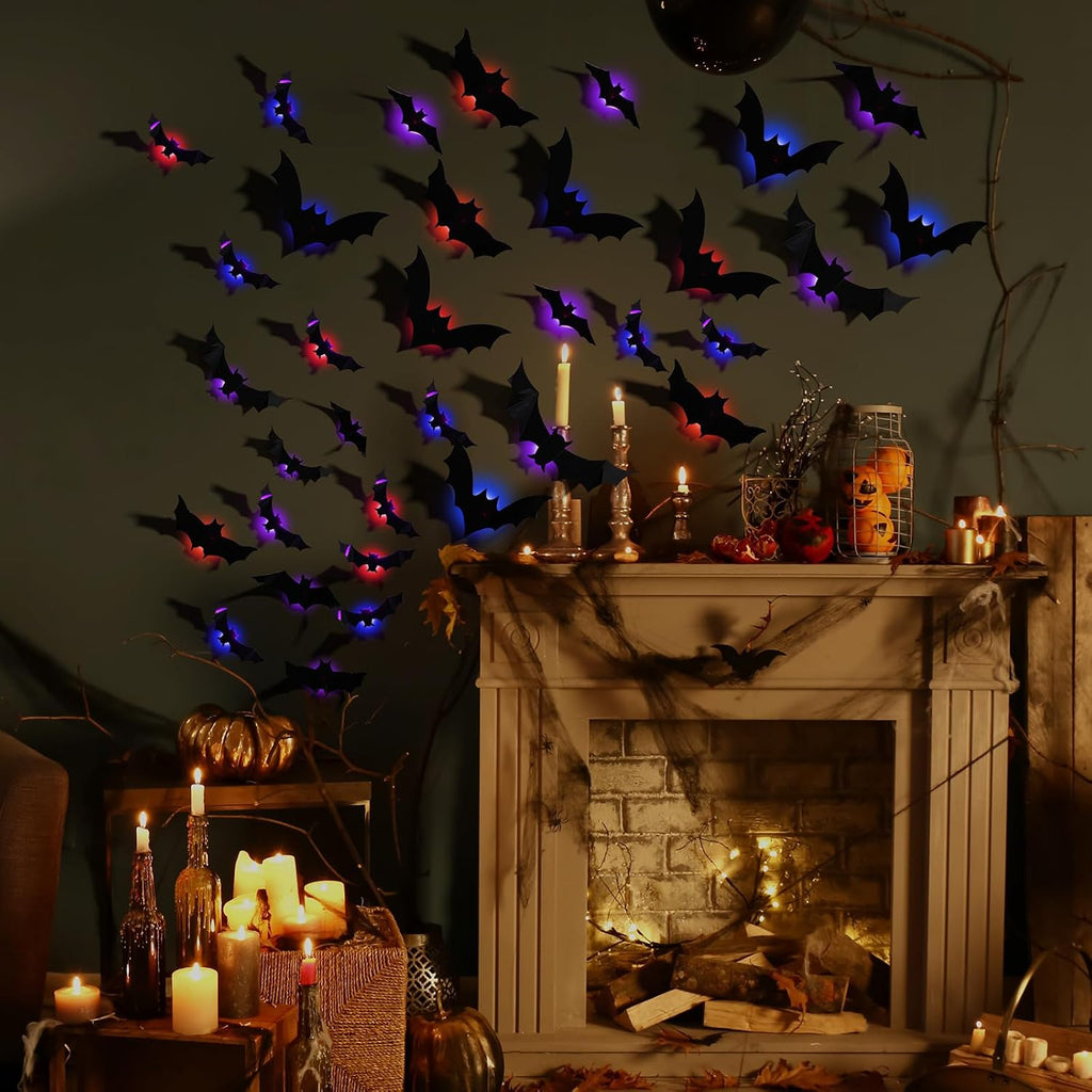 12 Pcs Halloween LED Light up Bats - 3D Halloween Bat Wall Decor Lights 10 Styles Waterproof PVC, for Halloween Party Supplies Outdoor Decor Window Desk Door Decorations, Bue, Red, Purple
