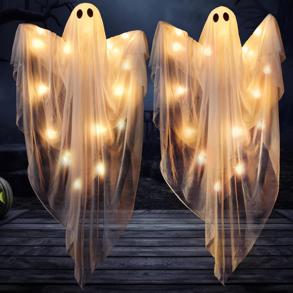 2 Pcs 47” Halloween Light up Hanging Ghost Decorations Outdoor, Halloween Flying Hanging Ghosts with Warm LED Lights and Timer for Haunted House Prop Front Yard Patio Party Decor Indoor Outdoor
