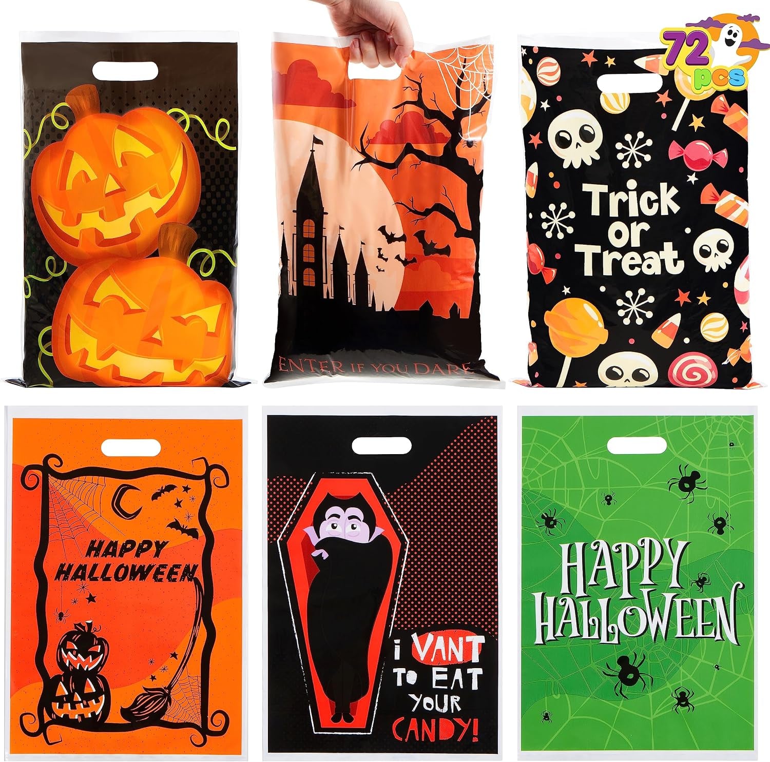 72 Pcs Halloween Candy Bag for Trick or Treating, Plastic Goodie Bags Assorted for Halloween Trick-Or-Treat Snacks Party Favors, Event Party Favor Supplies Classroom Prizes