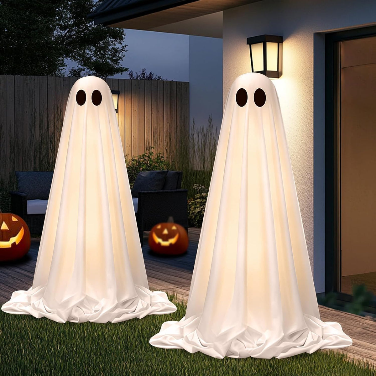 Halloween Decorations Outdoor Indoor, 2 Pack Light up Cute Ghost Decoration, Spooky DIY Standing Decor Set with Small Accessories for Front Yards, Gardens, Porch, Lawn and Party