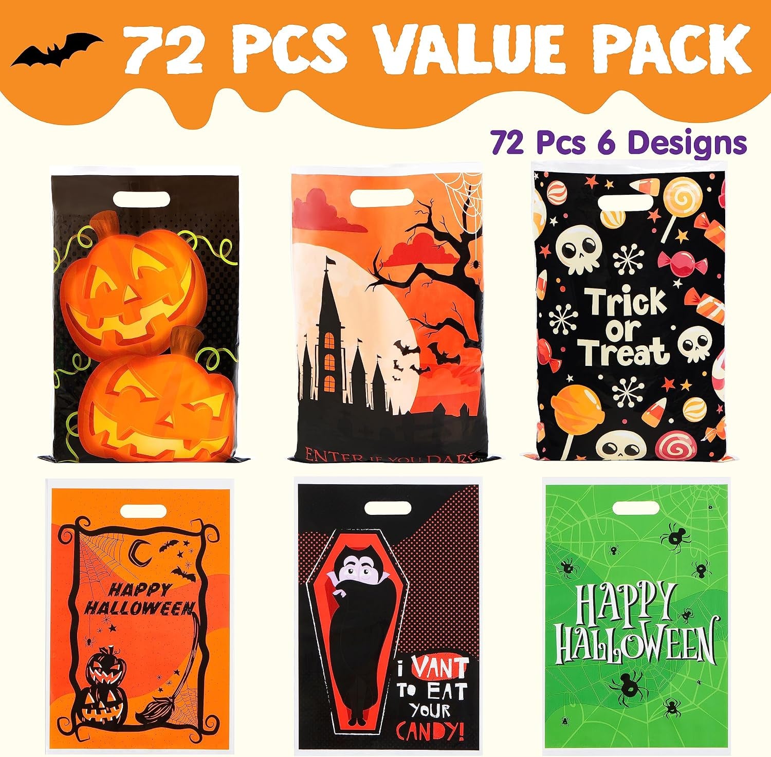 72 Pcs Halloween Candy Bag for Trick or Treating, Plastic Goodie Bags Assorted for Halloween Trick-Or-Treat Snacks Party Favors, Event Party Favor Supplies Classroom Prizes