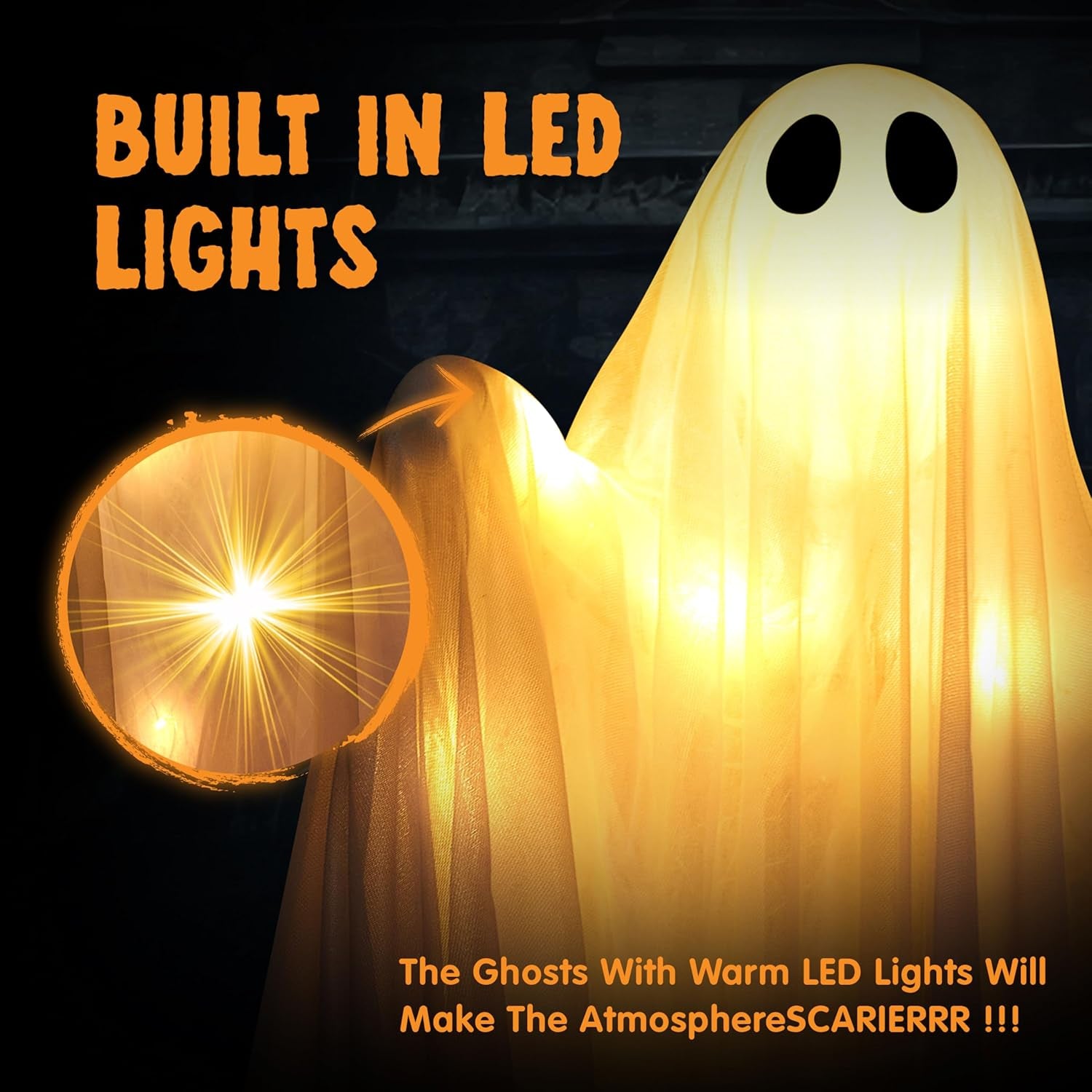 2 Pcs 47” Halloween Light up Hanging Ghost Decorations Outdoor, Halloween Flying Hanging Ghosts with Warm LED Lights and Timer for Haunted House Prop Front Yard Patio Party Decor Indoor Outdoor