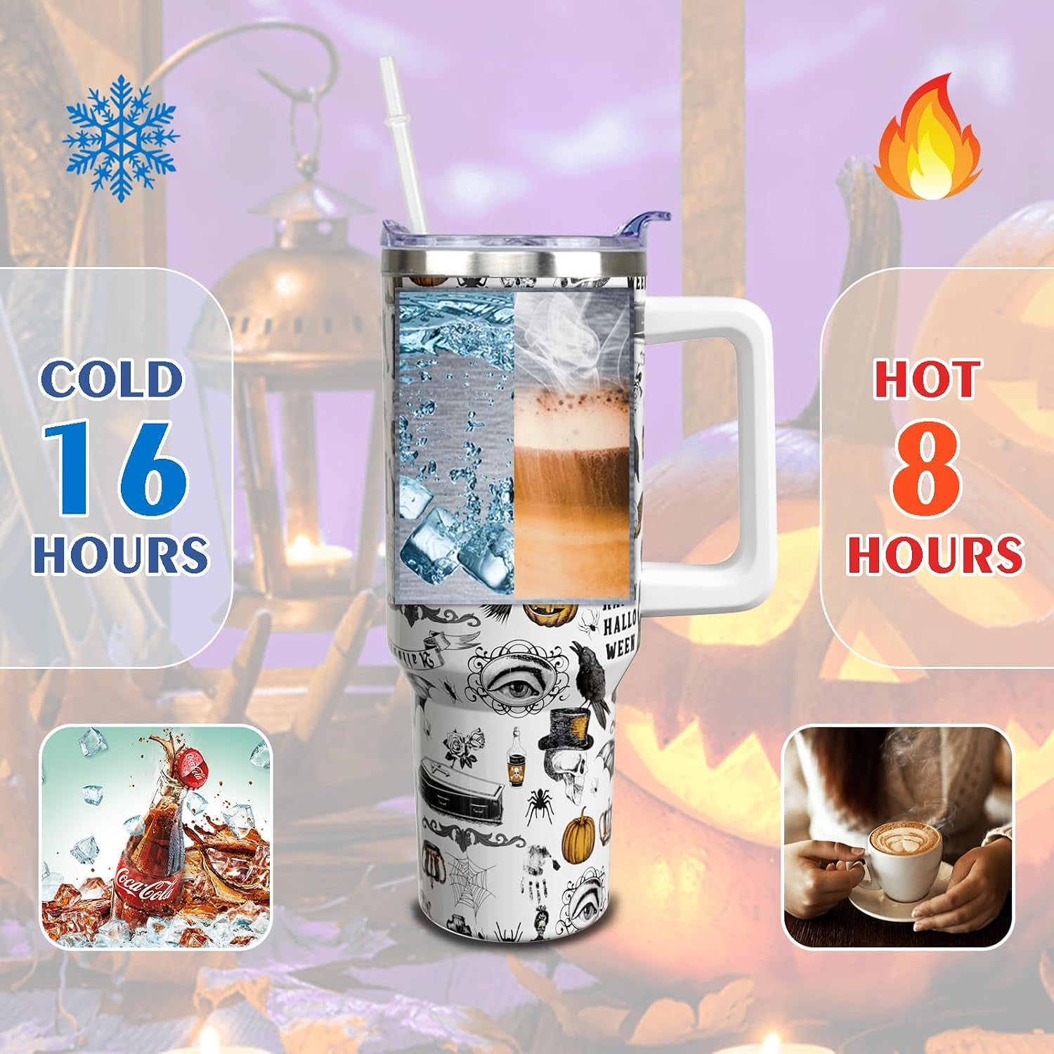 Halloween Tumbler 40 Oz Tumblers with Handle and Straw Goth Gothic Stainless Steel Insulated Coffee Cups Mugs Halloweens Gifts Stuff for Women Girls