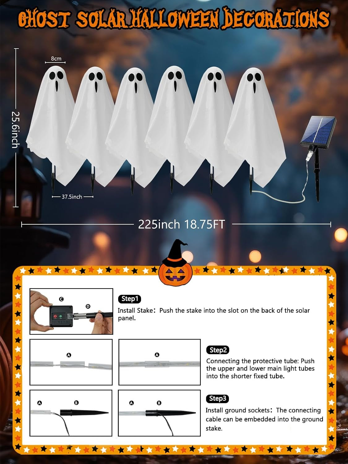 6-Pack Ghost Solar Halloween Decorations Outdoor, Waterproof Solar Halloweens Lights for outside Decor, Halloween-Ghost Path Lights for Scary Party Yard Garden Lawn Holiday Decoration(Warm White)