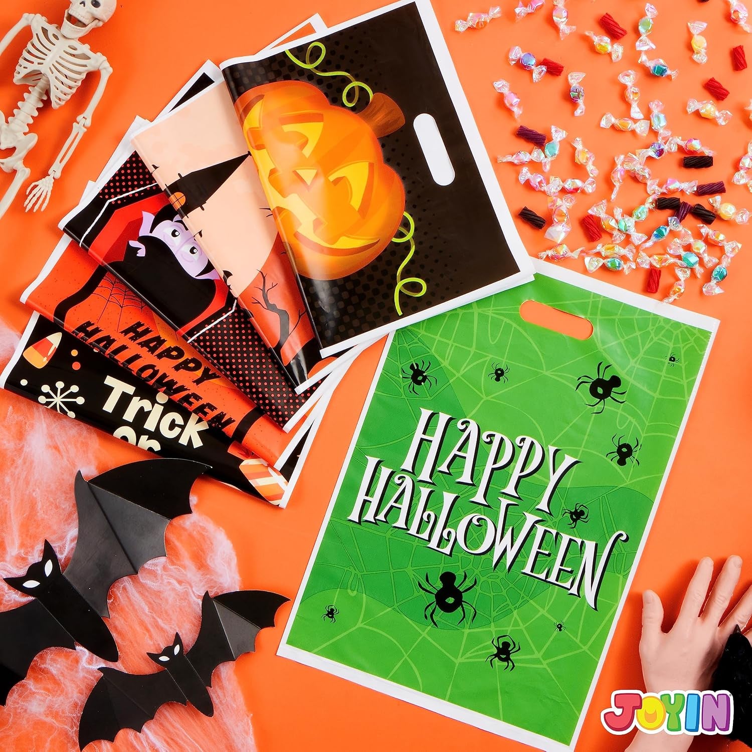 72 Pcs Halloween Candy Bag for Trick or Treating, Plastic Goodie Bags Assorted for Halloween Trick-Or-Treat Snacks Party Favors, Event Party Favor Supplies Classroom Prizes