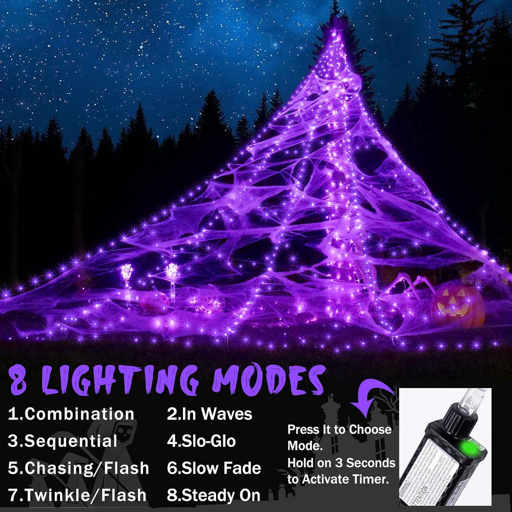 Spider Web Lights for Halloween Decorations Outdoor - 455 Leds, 8 Lighting Modes, 16.4 Ft Light up Giant Spider Web (Purple)