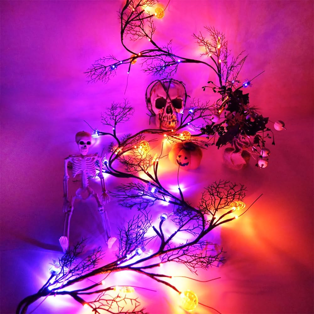 Halloween Decor Lights 8.86FT 72 LED Willow Vine Twig with Timer Battery Operated Garland Lights with Orange Pumpkins Purple Spiders and Black Dead Branches Indoor Halloween Decorations for Home