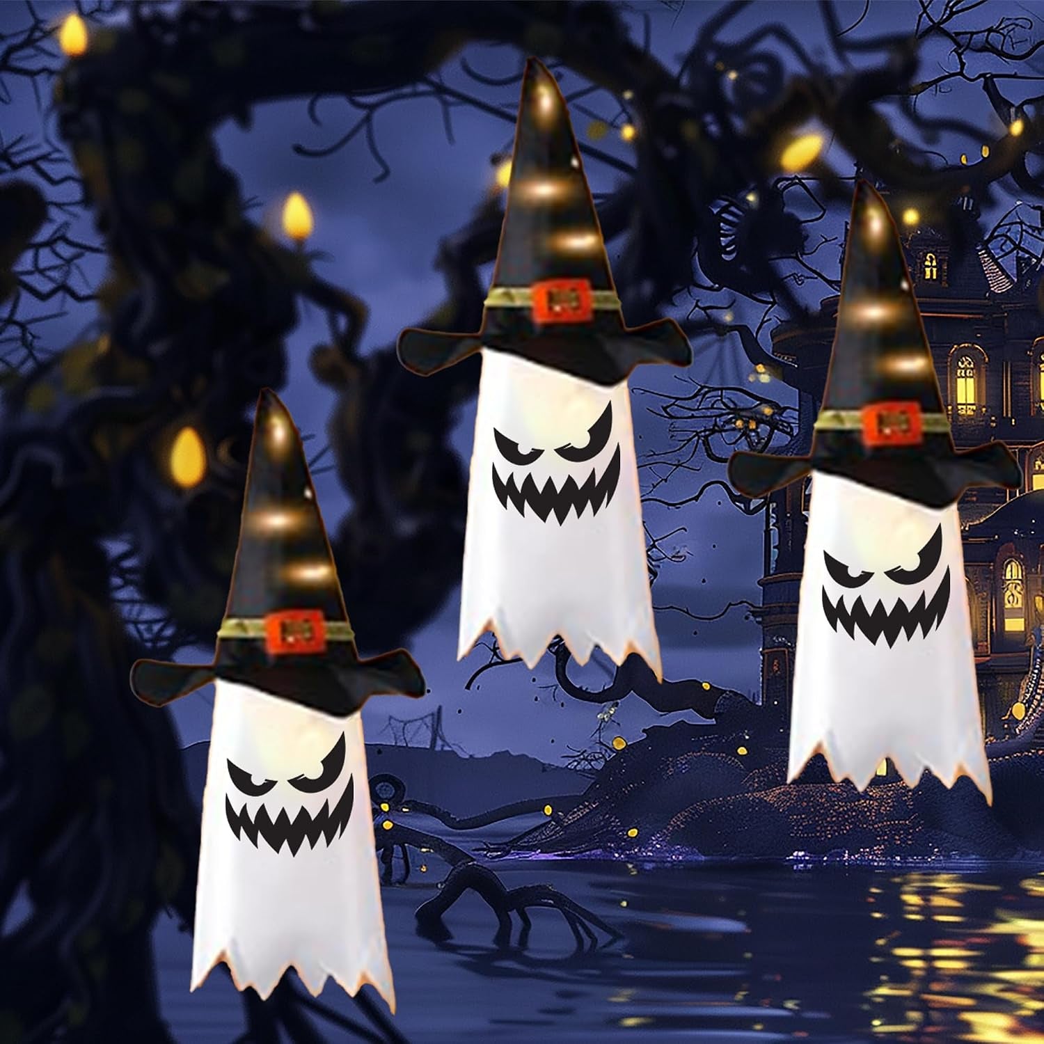 Halloween Light-Up Ghost Set of 3, Scary Face on Ghosts, Indoor & Outdoor Spooky Decor, Uses 3 Double a Batteries for Longer Lasting Lights, Hanging Decoration for Holiday and Parties, by