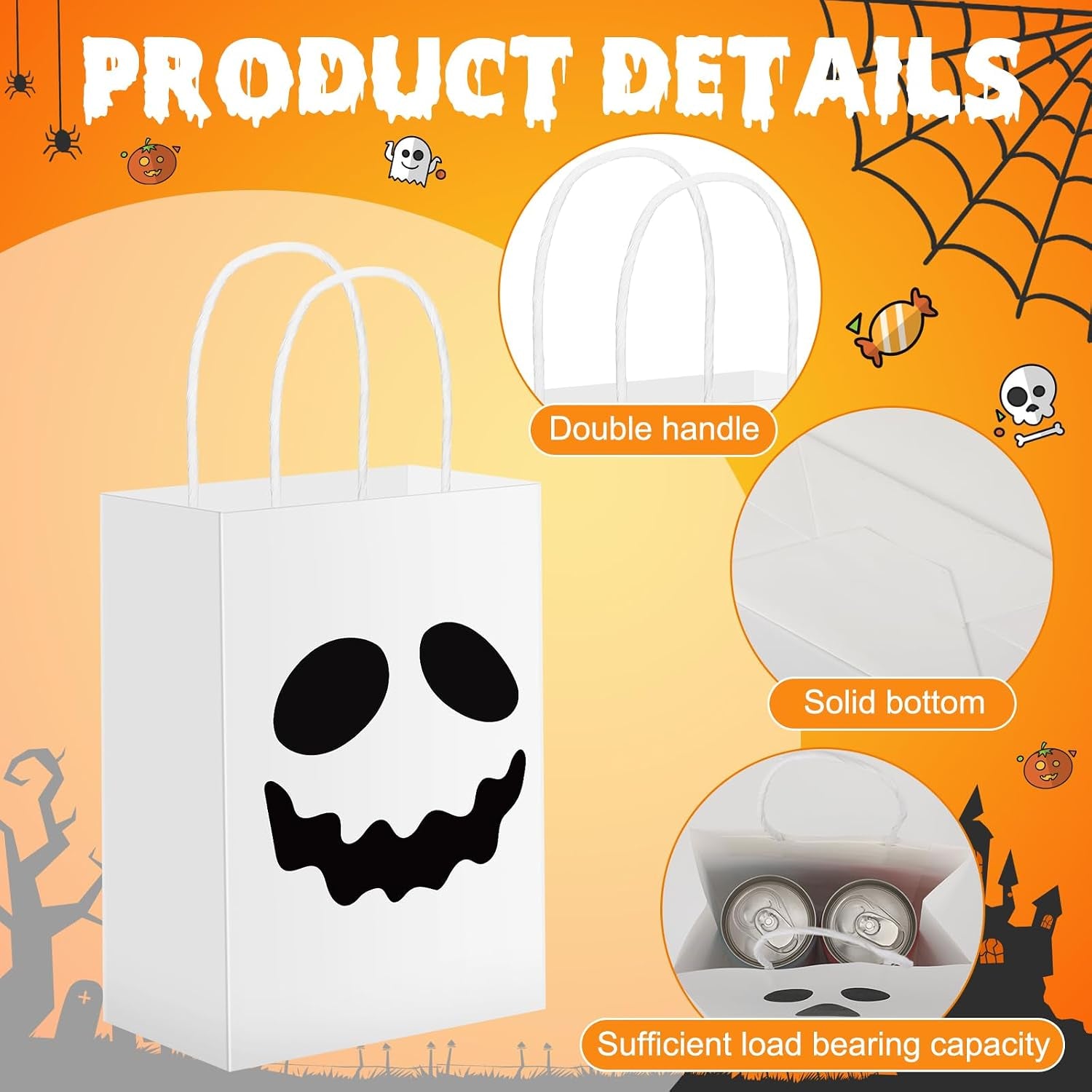 24 Pieces Ghost Halloween Treat Bags Halloween Paper Gift Goodie Bags with Handles for Candy Party Favor Supplies(White,Classic Style)