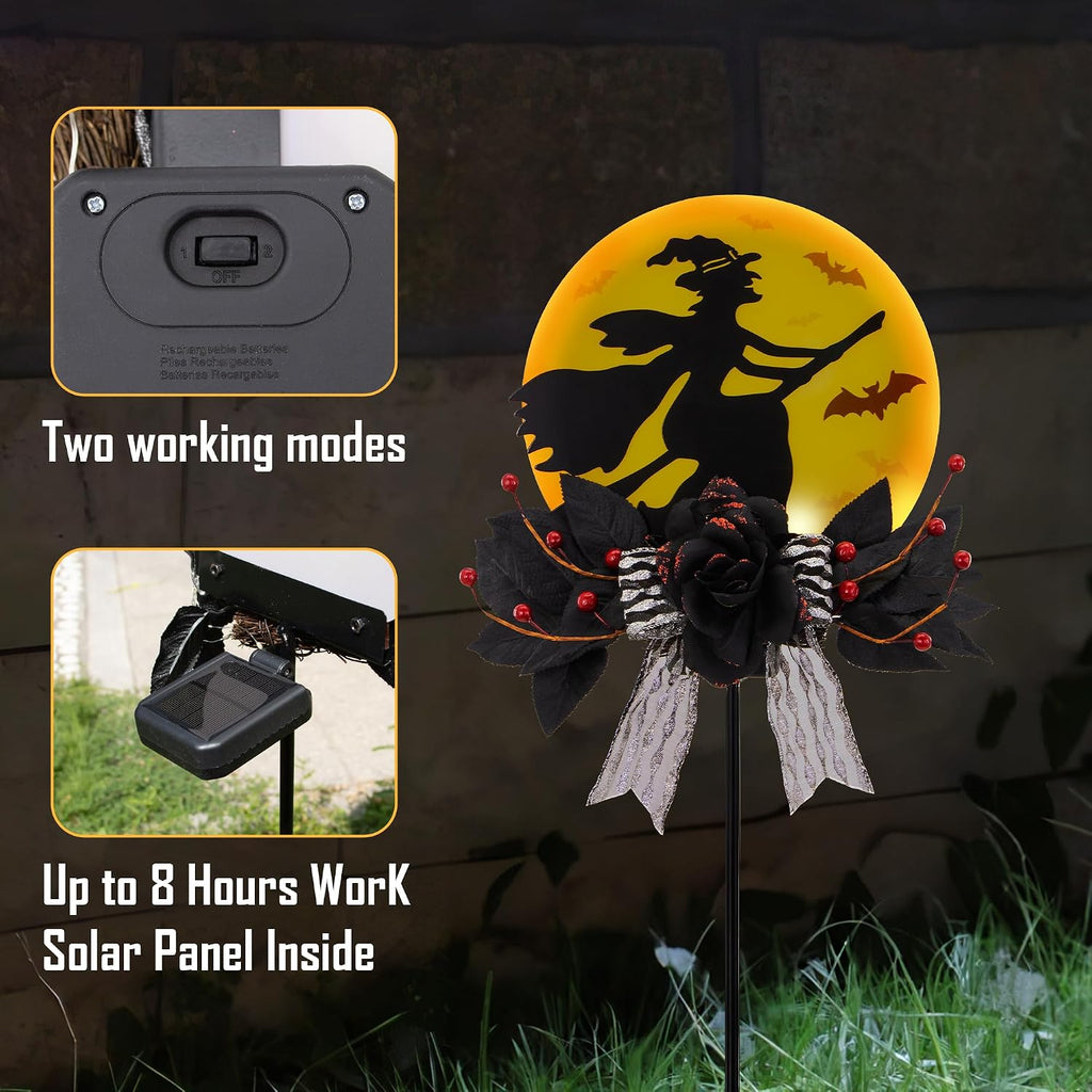 Solar Witch Halloween Stake 35In Iron Black Rose LED Garden Light
