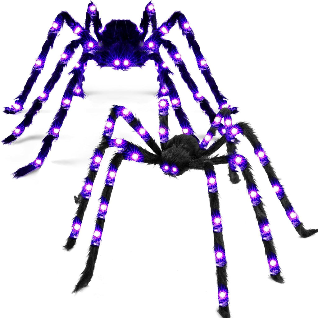 2 Pack 5 Ft Halloween Light up Spiders Outdoor Decorations, Scary Giant Spider with Purple LED, Fake Large Haunted House Props, for Halloween Lawn Porch Yard Garden Tree outside Indoor Decor
