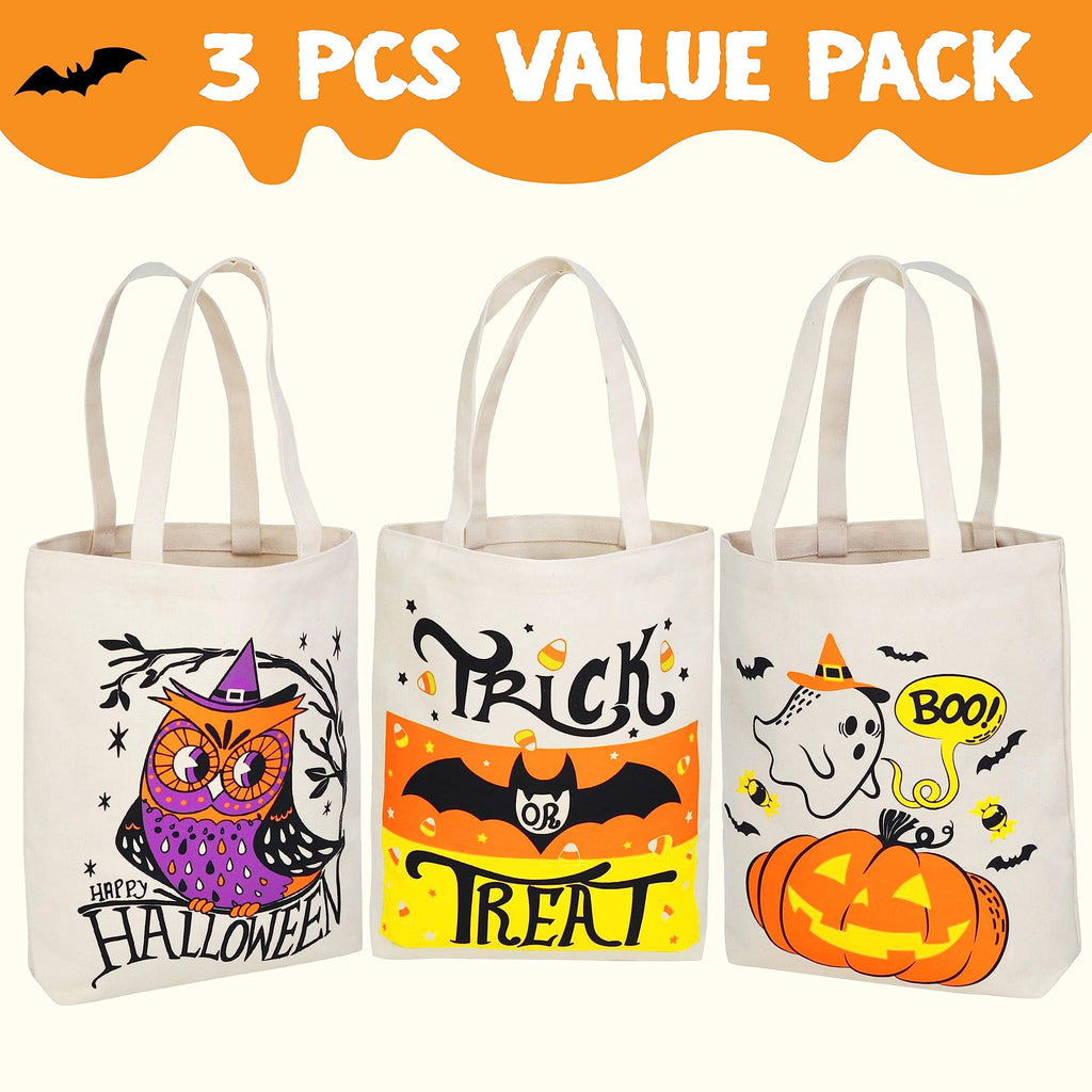 Joyfy 3 Pcs 13.75" Halloween Trick or Treat Bags with Handles, Reusable Canvas Gift Bag for Party Favor Supplies,Halloween Bags for Kids