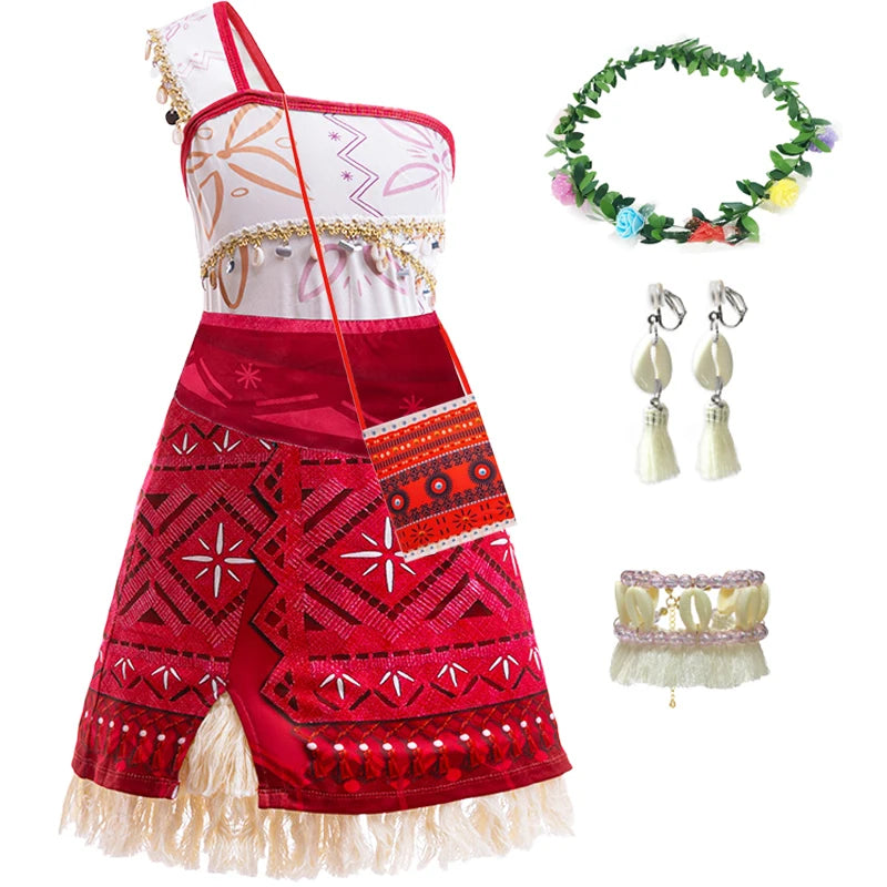 Moana costume lifestyle view with red dress, beaded details, and floral necklace