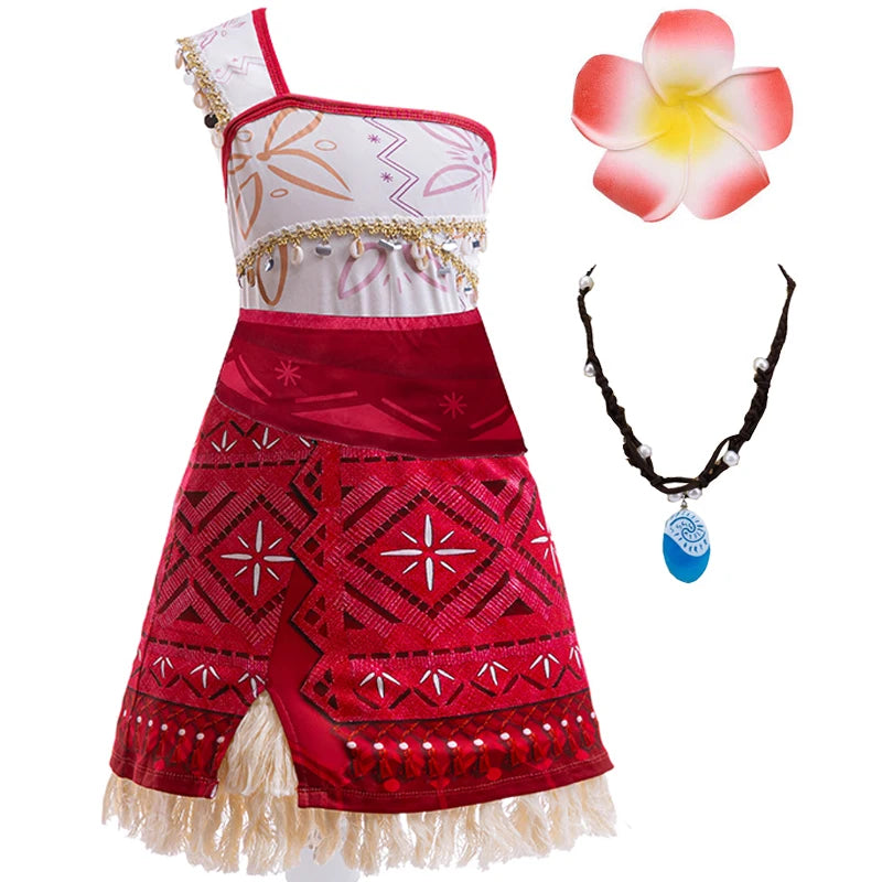Moana costume lifestyle view with red dress, fringe hem, and teardrop necklace