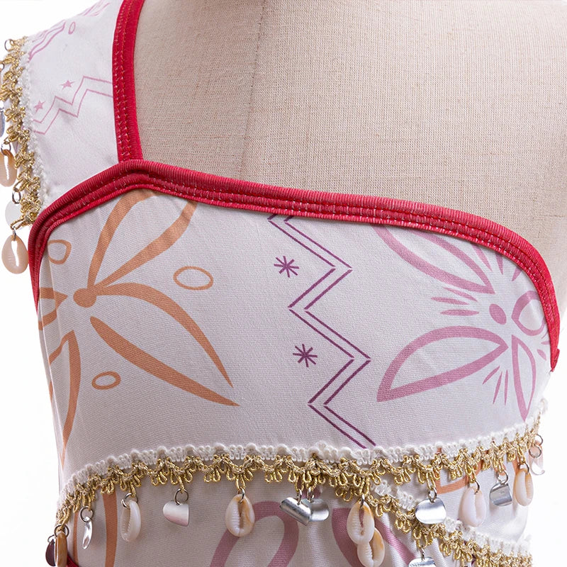 Moana costume back view with red and white floral dress and fringed skirt