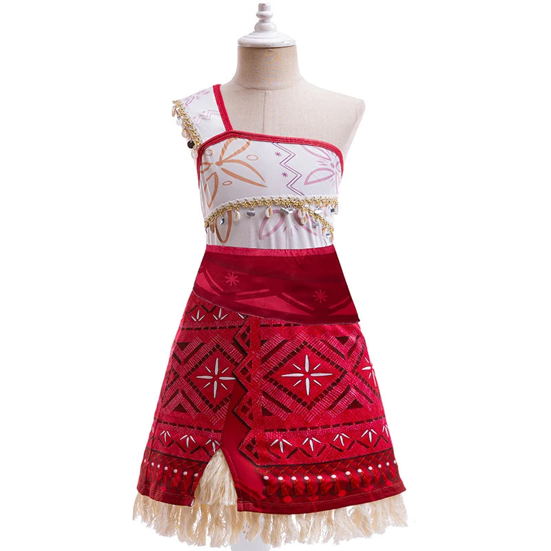 Moana costume front view with red and white floral dress and fringed skirt