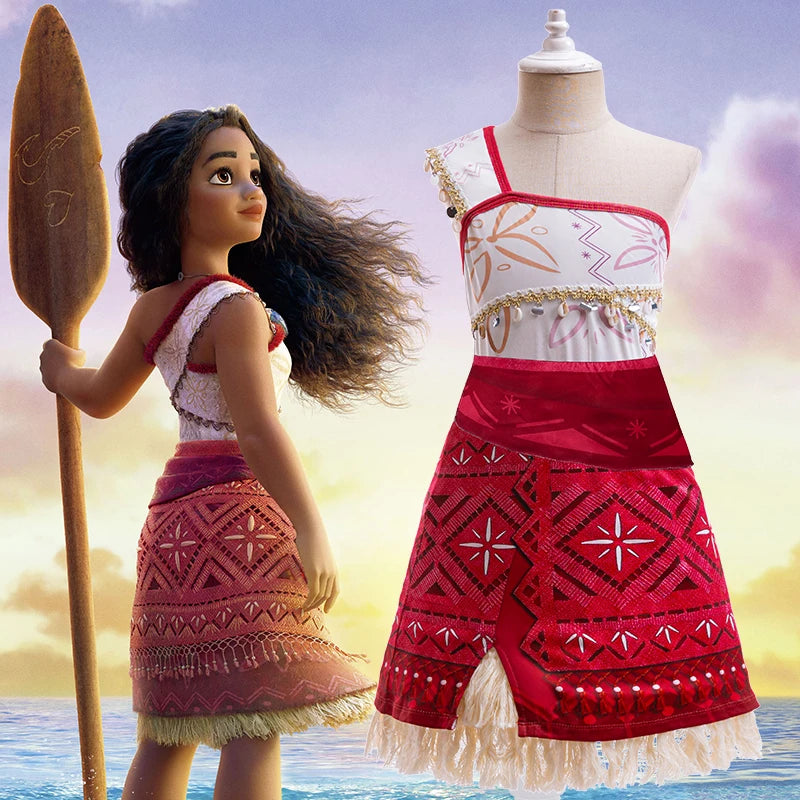 Moana costume lifestyle view with red floral one-shoulder dress and fringed skirt