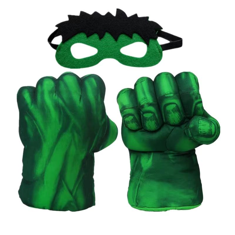 Foam fist gloves detail close-up featuring soft green Hulk design