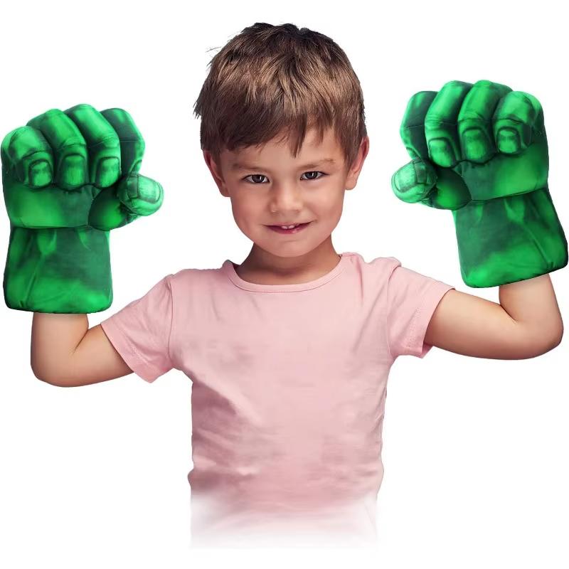 Foam fist gloves lifestyle view showing a child wearing green Hulk gloves