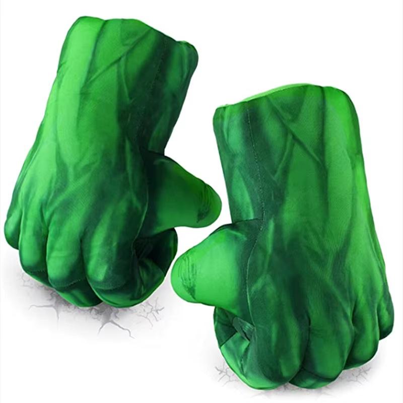 Foam fist gloves detail view with green Hulk design and black eye mask