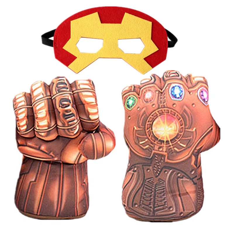 Superhero costume set front view with red and gold glove design