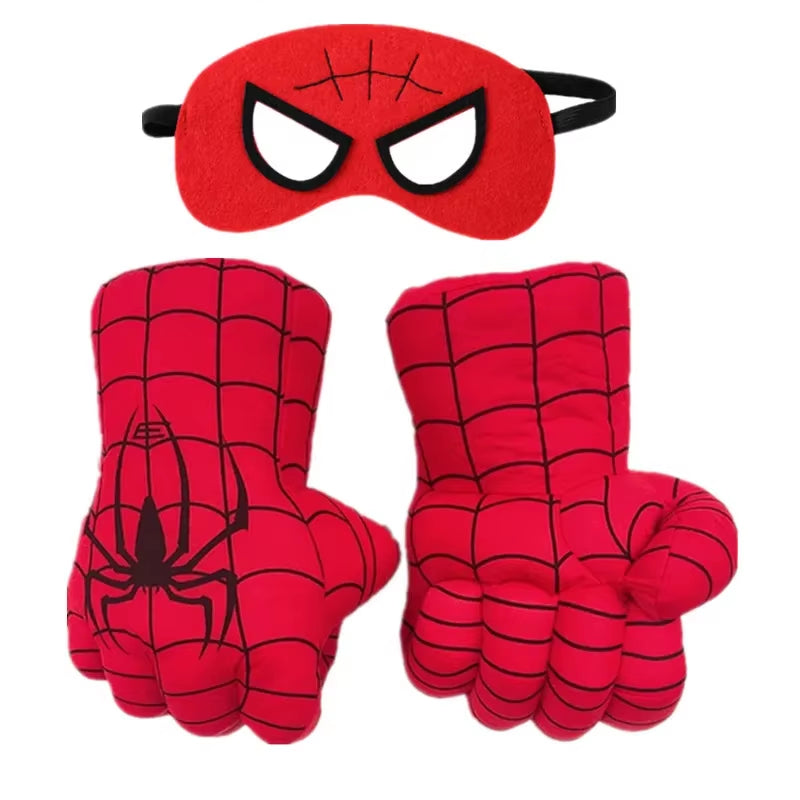 Foam fist gloves detail close-up with red, black, and white superhero design