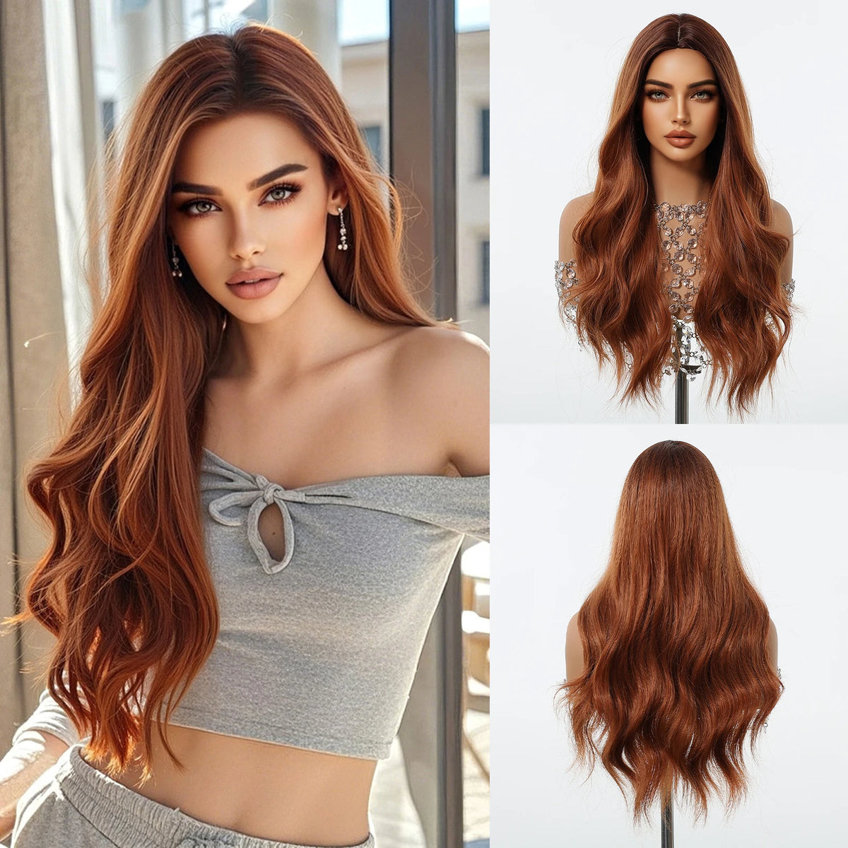 Long synthetic wig, auburn wavy hair in a lifestyle setting