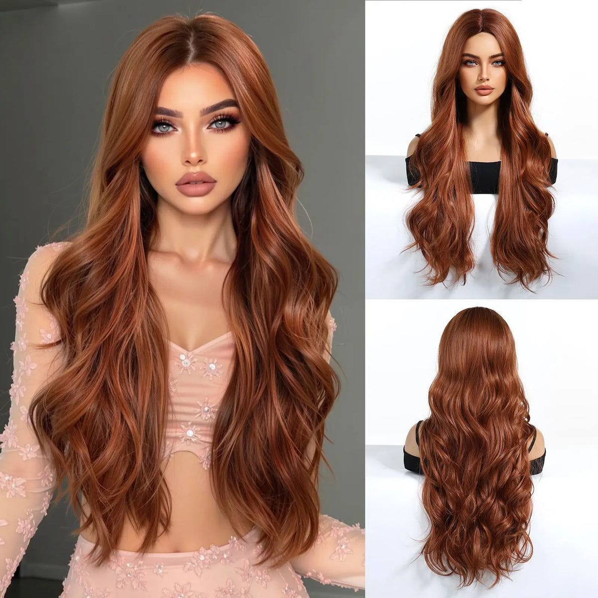 Long synthetic wig, auburn wavy hair in a studio view