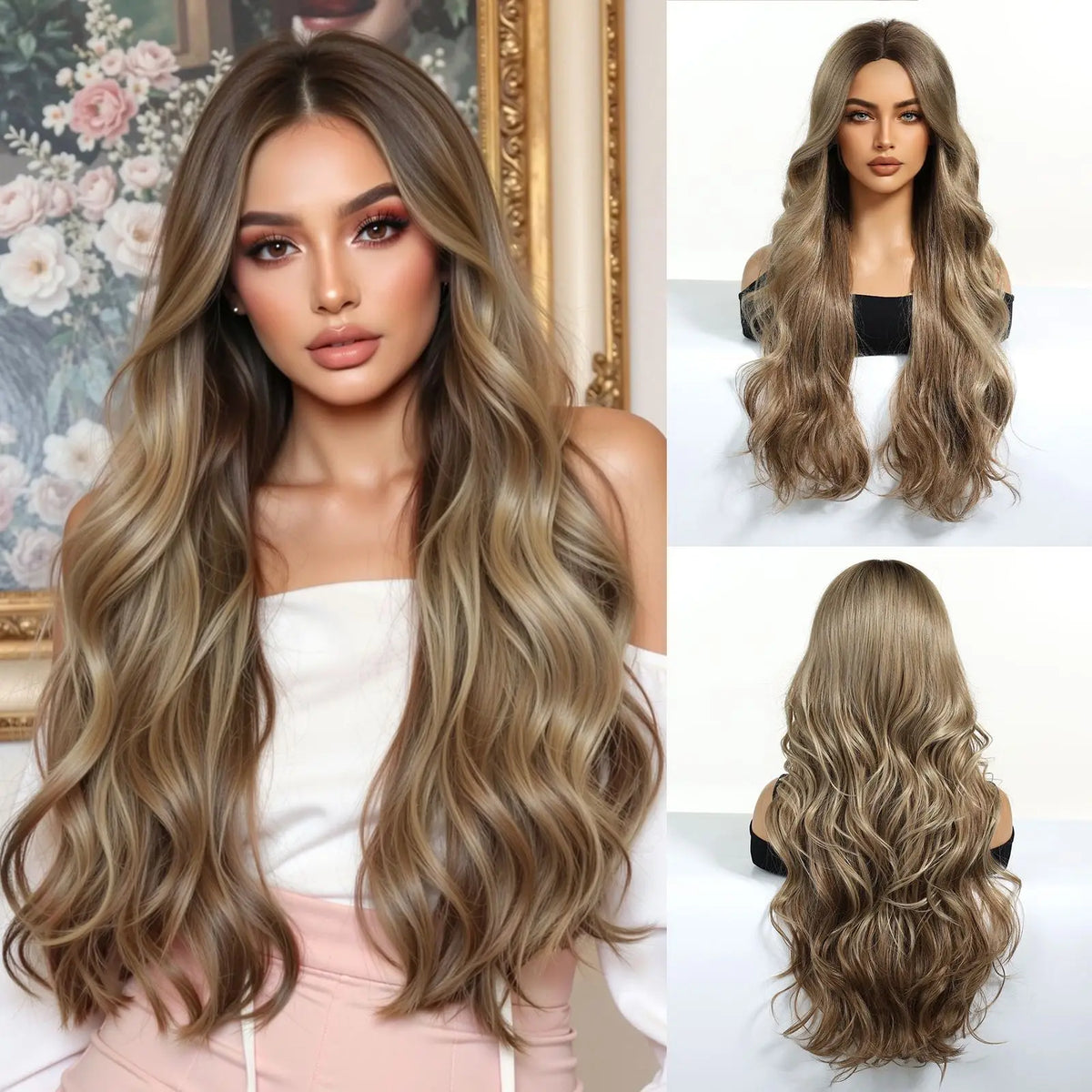 Long synthetic wig, brown wavy hair in a lifestyle setting