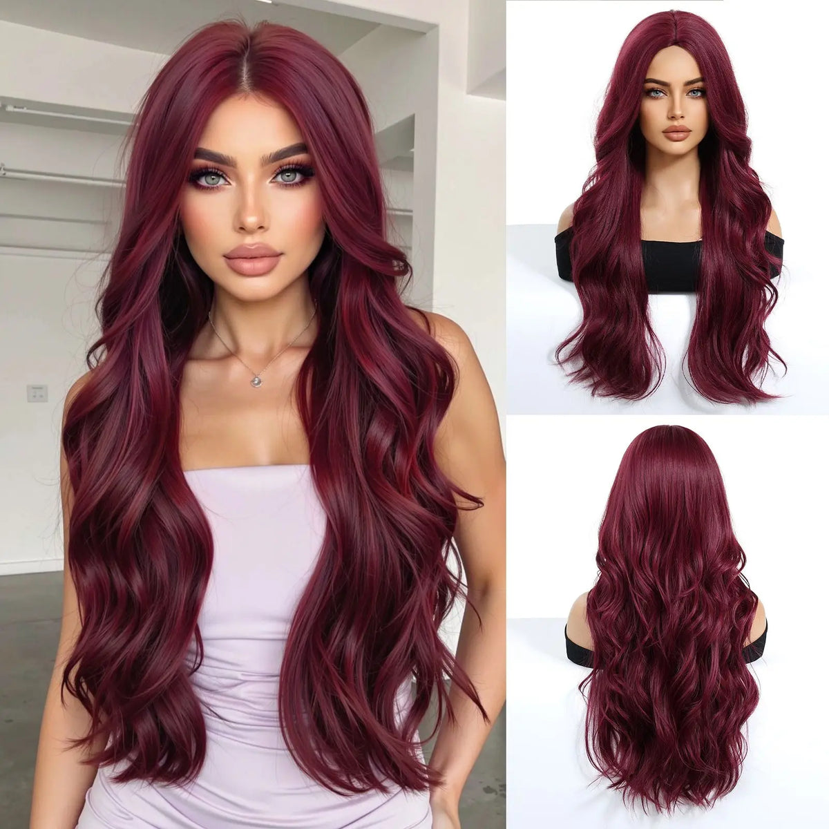 Long synthetic wig, burgundy wavy hair in a studio view