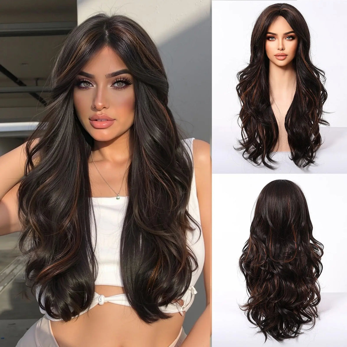 Long synthetic wig, dark brown wavy hair in a lifestyle setting