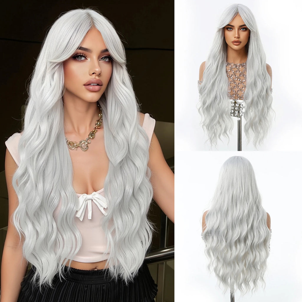 Long synthetic wig, silver wavy hair in a studio view