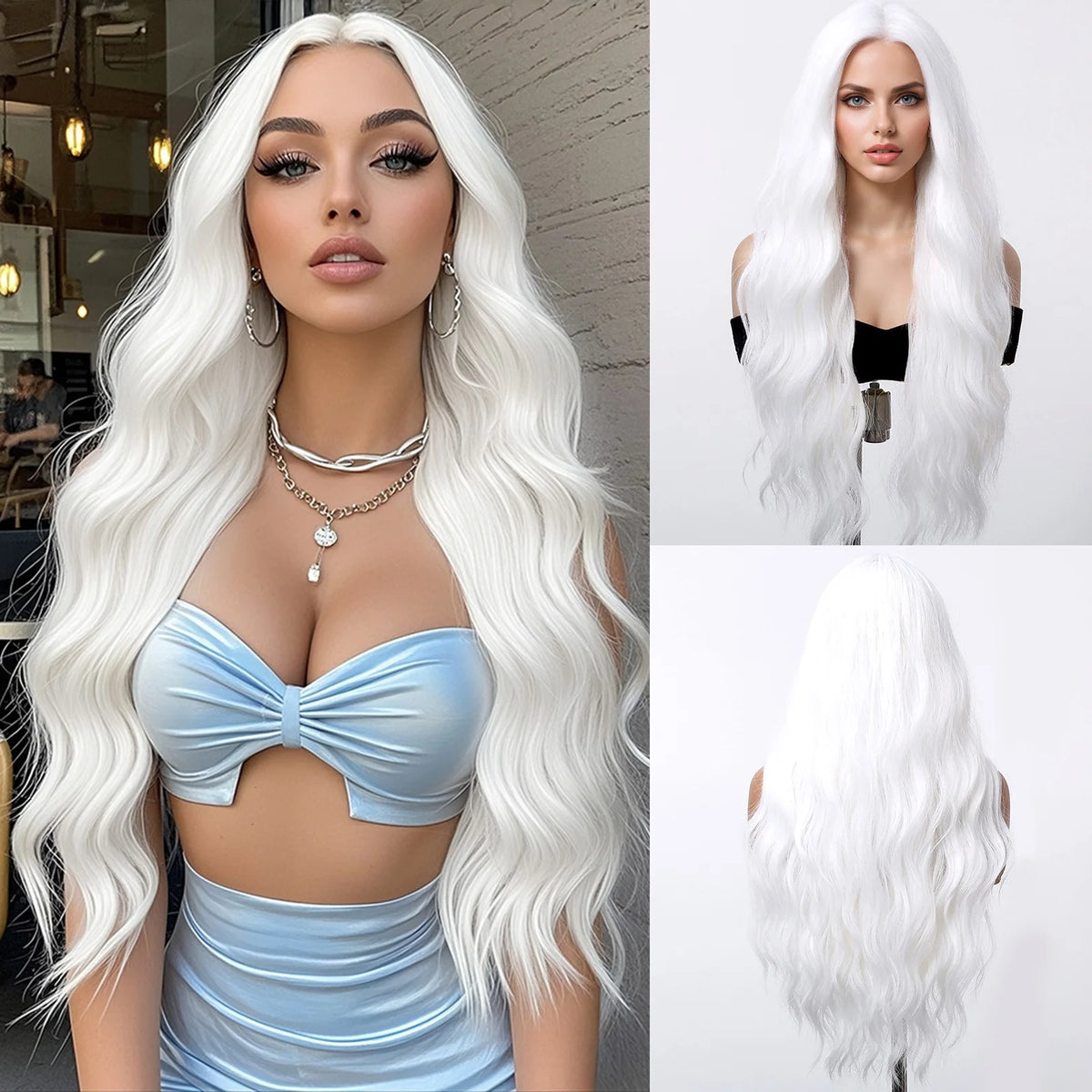 Long synthetic wig, white wavy hair in a lifestyle setting