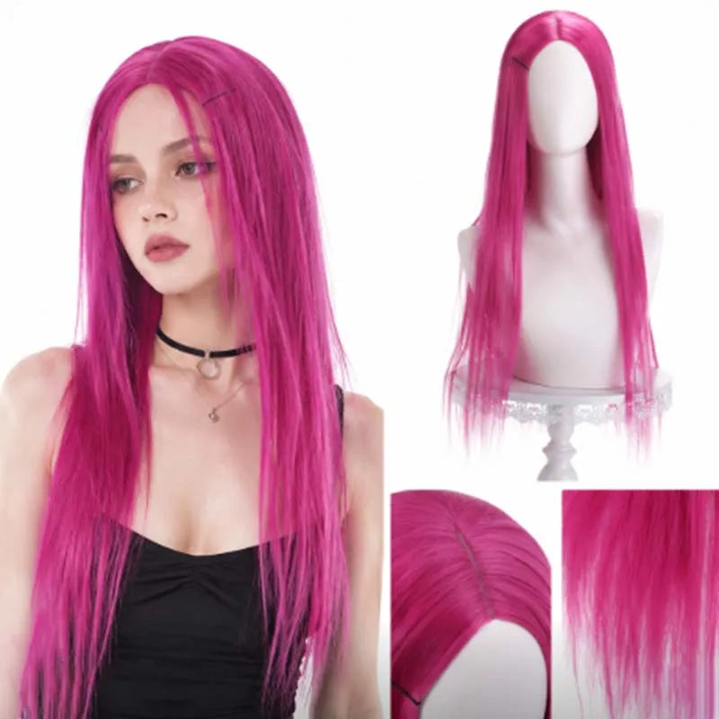 Long pink synthetic wig in a straight, extra-long lifestyle view