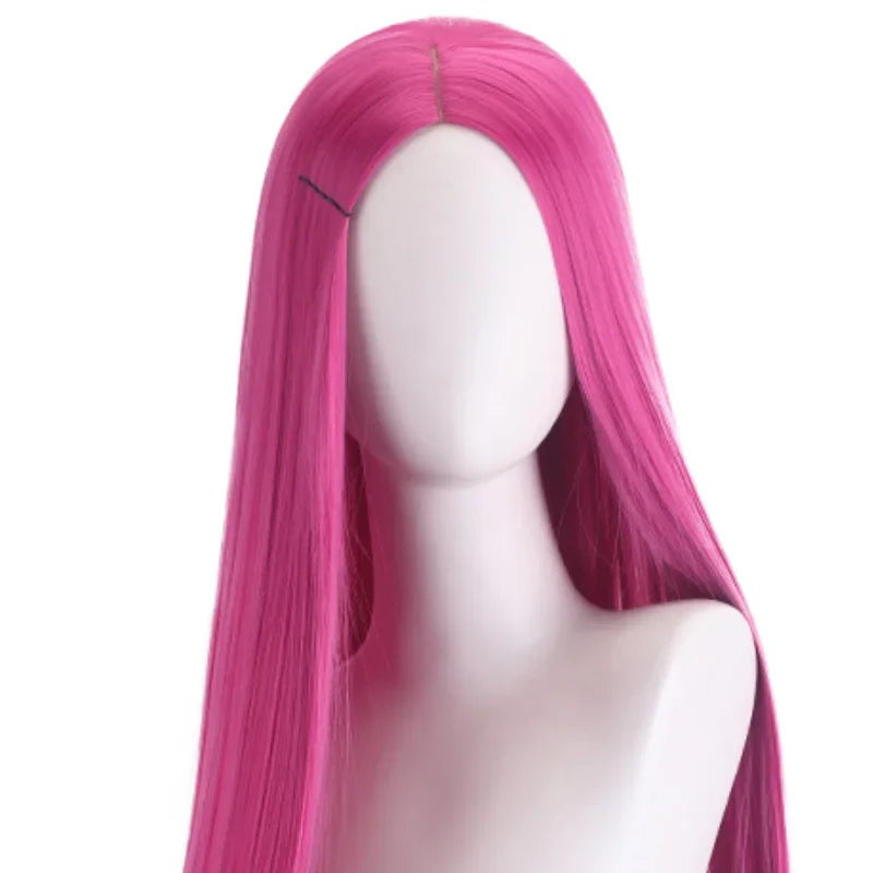 Pink synthetic wig detail close-up showing smooth texture and natural look