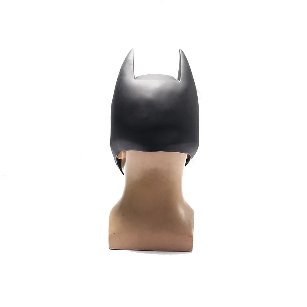 Batman latex mask in black, back view with pointed ears and back design