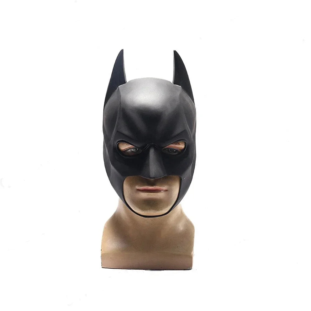 Batman latex mask in black, front view with pointed ears and facial details