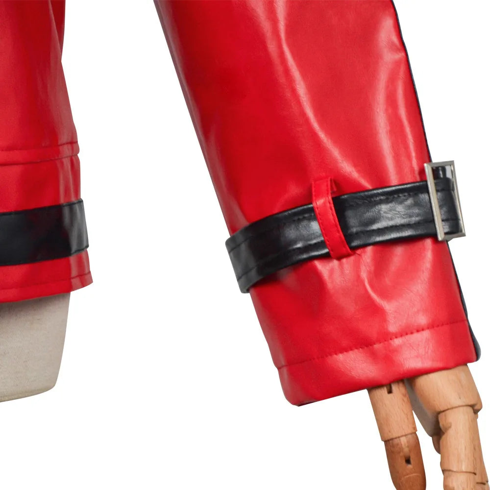 Thriller jacket costume detail view showing red cuff and black strap