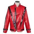 Thriller jacket costume front view in red with black stripes and zipper
