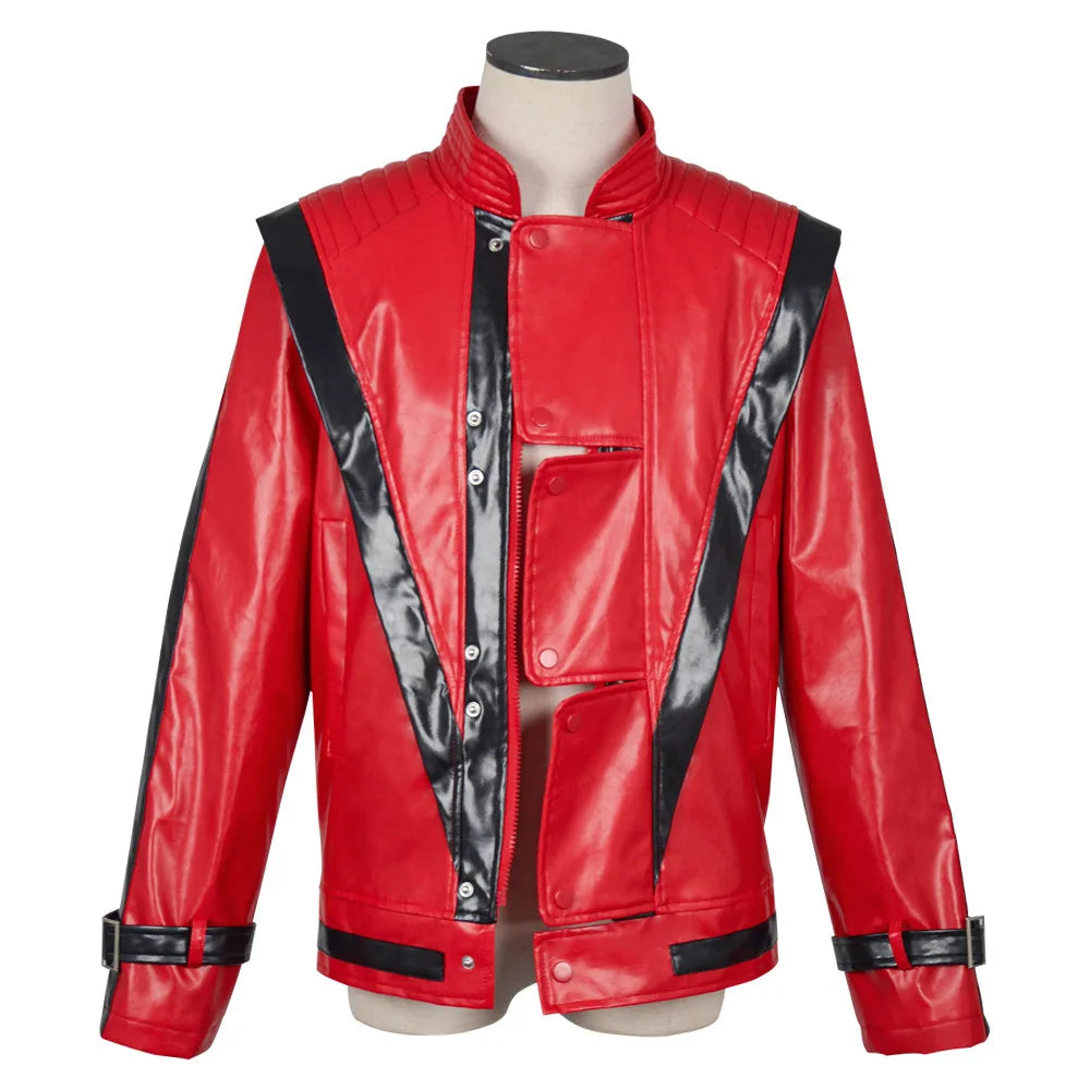 Thriller jacket costume front view in red with black stripes and zipper