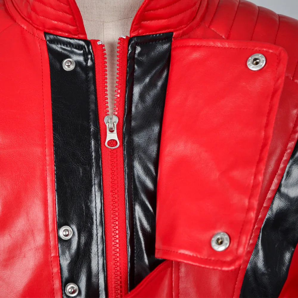 Thriller jacket costume red front view with black stripes and zipper